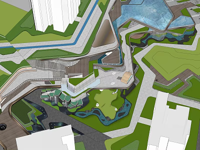 Modern Residential Building Complex With Landscaped Gardens Water Features And Pedestrian Paths 3d model