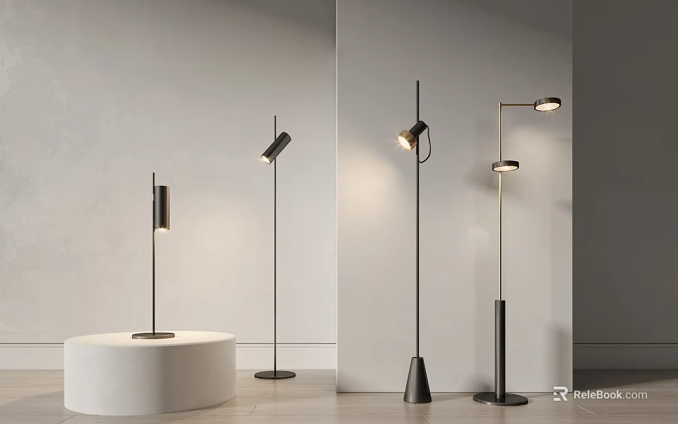 Modern Minimalist Floor Lamp With Black Metal Frame Cone Round Base And Adjustable Head Design 3d model 