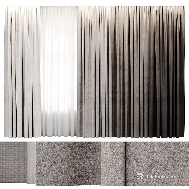 Gray Gradient Velvet Curtains For Modern Window With Light Filtering Layered Design 3d model 
