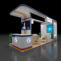 Modern Exhibition Booth With Curved Roof Colorful Stripes Reception Desk Logo Chairs Screen And Plants
