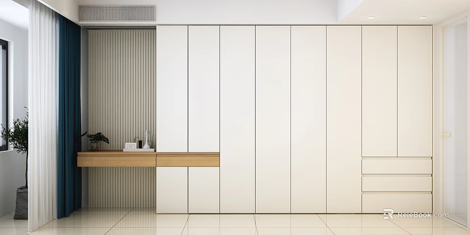 Modern White Wardrobe with Smooth Panel Design and Wooden Countertop in Interior 3d model 