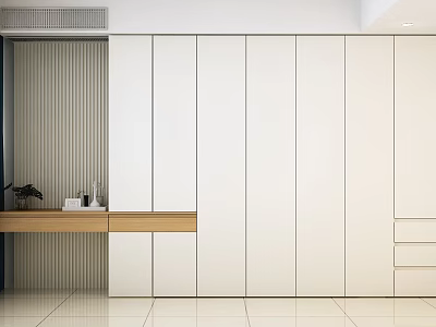 Modern White Wardrobe with Smooth Panel Design and Wooden Countertop in Interior 3d model