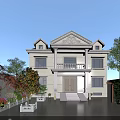 Classic Detached Villa With White Exterior Symmetrical Facade Front Porch And Landscaped Garden