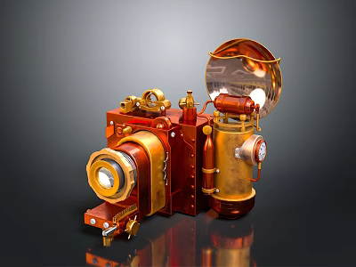 Vintage Electronic Camera With Brass And Red Metal Parts Lens Circular Components And Knobs 3d model
