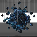Futuristic Geometric Pendant with Blue Lines Spherical Structure Hanging Small Cubes Dark Background Glowing Effect