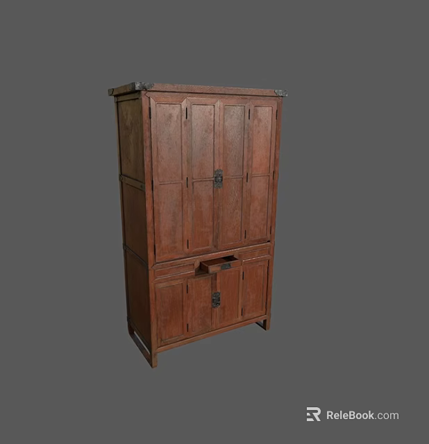 Traditional Wooden Bookcase With Dark Brown Wood Double Door Design And Metal Hardware 3d model 