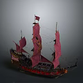 Vintage Model Sailing Ship With Pink Sails And Intricate Decorative Details