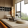 Japanese Tea Room Interior With Tatami Mat Wooden Cabinets Tea Sets And Green View
