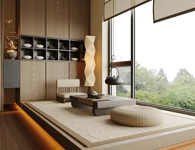 Japanese Tea Room Interior With Tatami Mat Wooden Cabinets Tea Sets And Green View 3d model