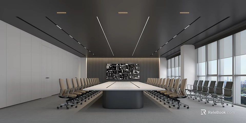 Modern Conference Room Interior With Long Table Ergonomic Chairs Ceiling Lights And Wall Decor 3d model 