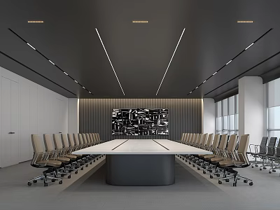 Modern Conference Room Interior With Long Table Ergonomic Chairs Ceiling Lights And Wall Decor 3d model