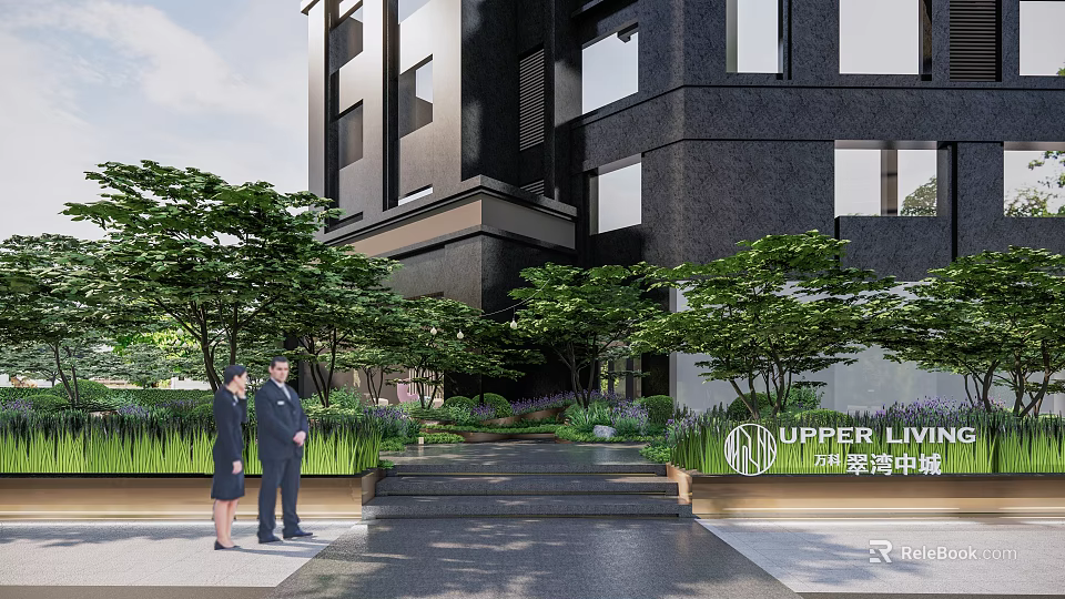Modern Garden Landscape Design With Trees Shrubs Lawn And Building Steps 3d model 