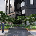 Modern Garden Landscape Design With Trees Shrubs Lawn And Building Steps