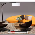 Modern Orange Curved Sofa Coffee Table With Brown Chairs Plant Area Rug And Floor Lamp