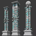 Modern Decorative Columns With Blue Illuminated Patterns And Spherical Top Design 3d model