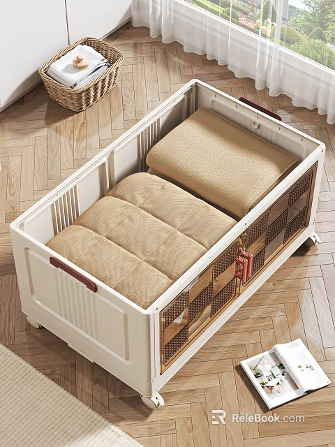 White Pet Crate with Beige Cushion on Wooden Floor for Small Pets 3d model 