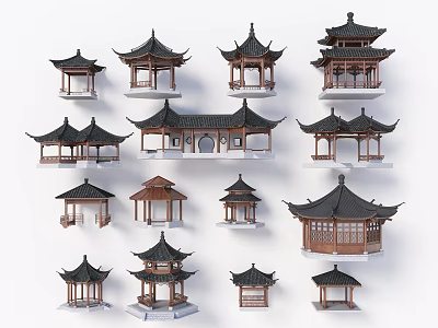 Traditional Chinese Pavilion Models With Various Wooden Structures And Black Roofs 3d model