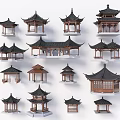 Traditional Chinese Pavilion Models With Various Wooden Structures And Black Roofs