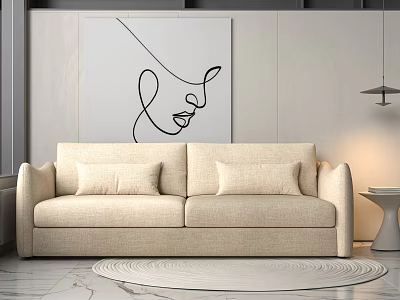 Modern Minimalist Living Room Beige Two Seater Sofa With Cushions Abstract Line Art Painting 3d model