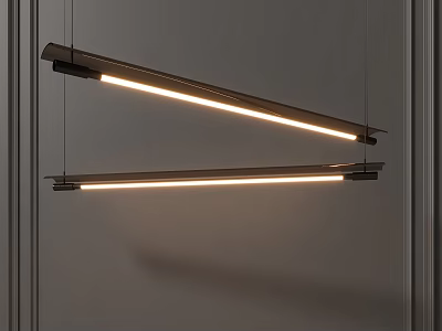 Two Long Rectangular Chandeliers Hanging With Warm Light Against Gray Wall Background 3d model
