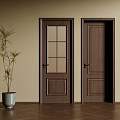 Brown Hinged Doors with Glass Panes and Solid Panel by Beige Wall and Plant 3d model
