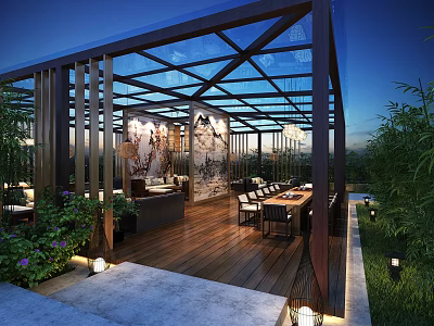 Roof Garden Featuring Glass Roof Wooden Flooring Lush Plants Tables Decorative Paintings And Evening Ambiance 3d model