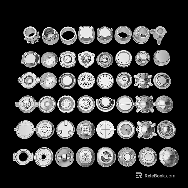 Assorted Circular Metal Components Arranged In Rows Featuring Diverse Mechanical Design Patterns 3d model