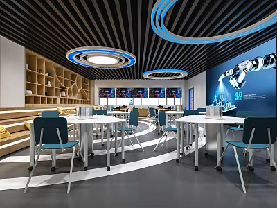 Modern School Learning Space With White Tables Blue Chairs Black Striped Ceiling And Robot Mural 3d model