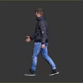 Man Walking in Dark Blue Puffer Jacket Blue Jeans and Black Shoes on Gray Background
