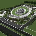 Modern Sales Office Building With Unique Curved Roof White Columns Green Trees And Lawn Area