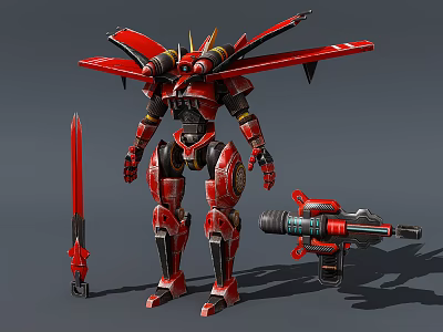 Red Intelligent Mechanical Robot With Wings Sword Gun And Armor Design 3d model