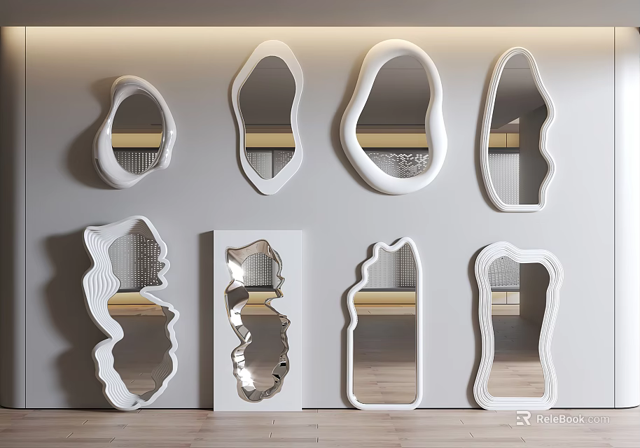Various Shapes White Frame Mirrors Arranged On Light Colored Wall With Wooden Floor 3d model 