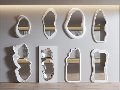 Various Shapes White Frame Mirrors Arranged On Light Colored Wall With Wooden Floor 3d model