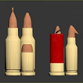 Weapon Ammunition Collection with Golden Bullets of Various Sizes and Red Cylinder