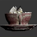 Creamy Dessert with Whipped Cream and Blackberry in Vintage Red Floral Teacup and Saucer