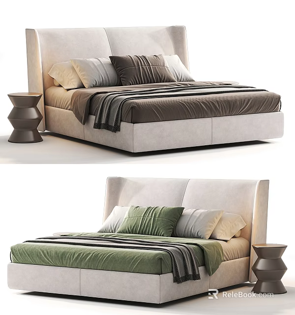 Modern Double Bed With Upholstered Headboard Brown Green Bedding And Side Table 3d model 