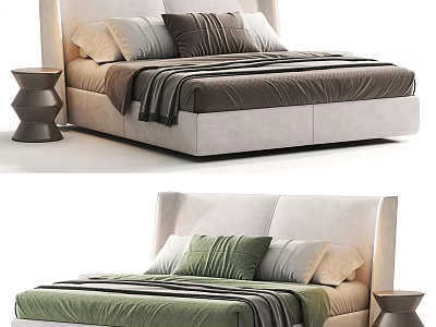 Modern Double Bed With Upholstered Headboard Brown Green Bedding And Side Table 3d model