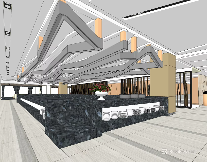 Modern Elevator Lobby Design With Ceiling Lighting And Marble Reception Desk 3d model