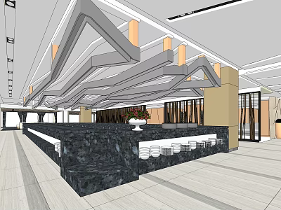 Modern Elevator Lobby Design With Ceiling Lighting And Marble Reception Desk 3d model