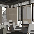 Modern Restaurant Interior With Wooden Slat Partition Staircase And Pendant Lights