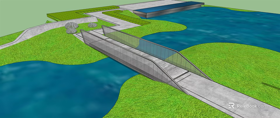 Modern Bridge With Metal Railings And Concrete Deck Connecting Green Waterfront Areas 3d model 