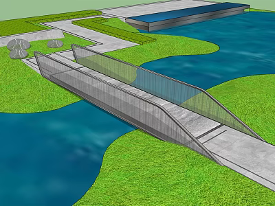Modern Bridge With Metal Railings And Concrete Deck Connecting Green Waterfront Areas 3d model