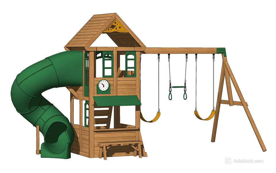 Wooden Outdoor Play Structure with Green Slide Swings Stairs and Playhouse Platform 3d model 
