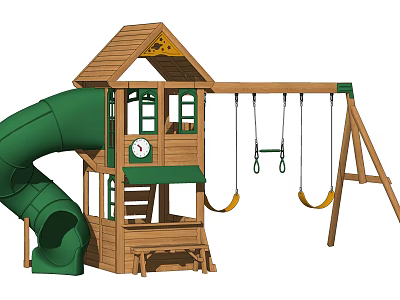 Wooden Outdoor Play Structure with Green Slide Swings Stairs and Playhouse Platform 3d model