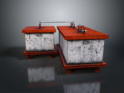 Two Vintage Computer Units With Red Top White Textured Body Connected By Metal Bar 3d model