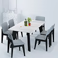 Modern Dining Table Set With White Table Grey Chairs And Decorative Flowers 3d model