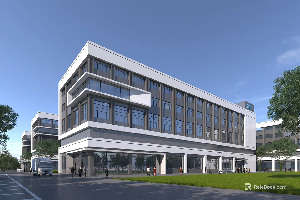 Modern Industrial Factory Building Featuring Glass Curtain Walls Multi Story Structure And Spacious Entrance 3d model 