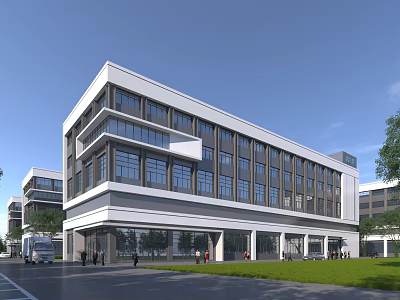 Modern Industrial Factory Building Featuring Glass Curtain Walls Multi Story Structure And Spacious Entrance 3d model