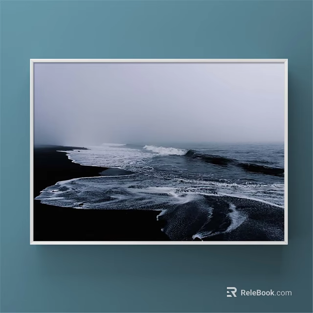 Misty Coastal Landscape Painting With Rolling Ocean Waves On Black Sand Beach 3d model 