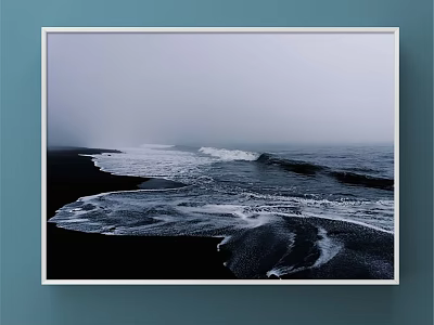 Misty Coastal Landscape Painting With Rolling Ocean Waves On Black Sand Beach 3d model